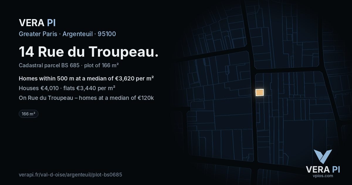 14 Rue du Troupeau, Argenteuil at night – the plot lit, the parcels around coloured by the prices near them
