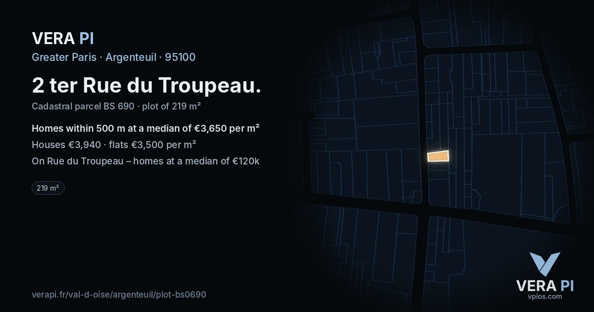 2 ter Rue du Troupeau, Argenteuil at night – the plot lit, the parcels around coloured by the prices near them