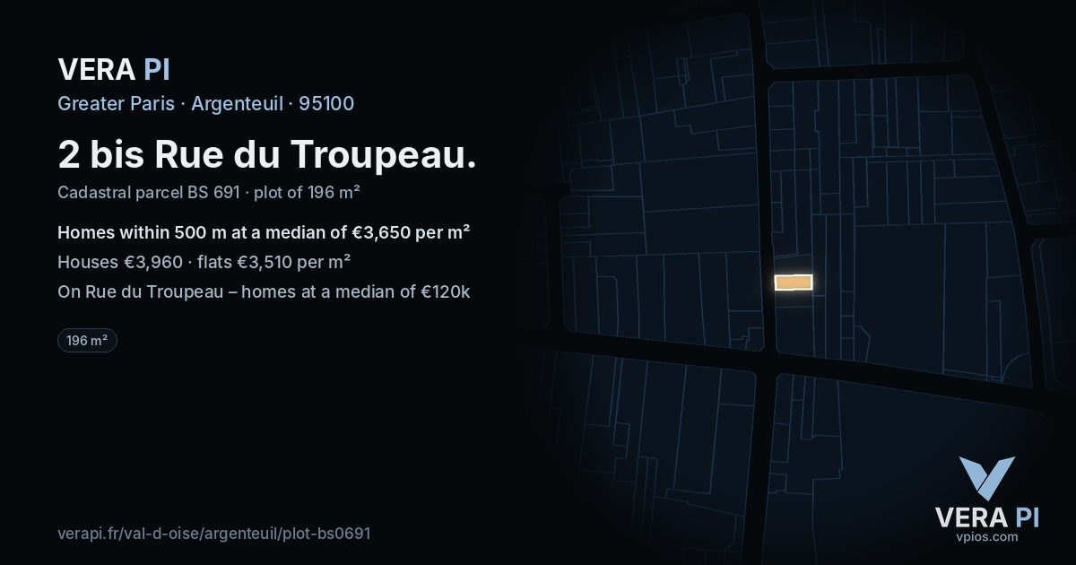 2 bis Rue du Troupeau, Argenteuil at night – the plot lit, the parcels around coloured by the prices near them