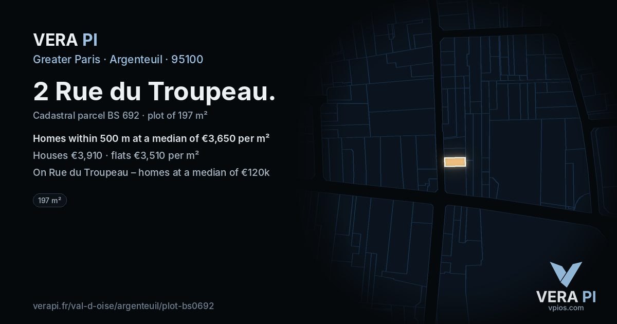 2 Rue du Troupeau, Argenteuil at night – the plot lit, the parcels around coloured by the prices near them
