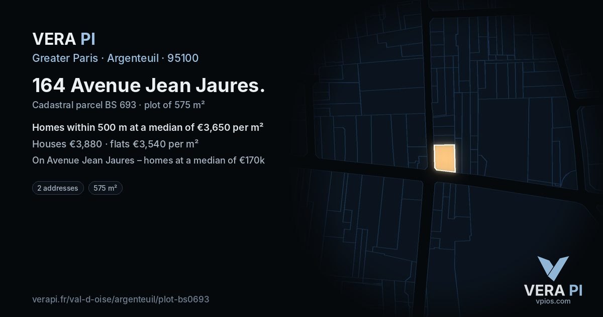 164 Avenue Jean Jaures, Argenteuil at night – the plot lit, the parcels around coloured by the prices near them