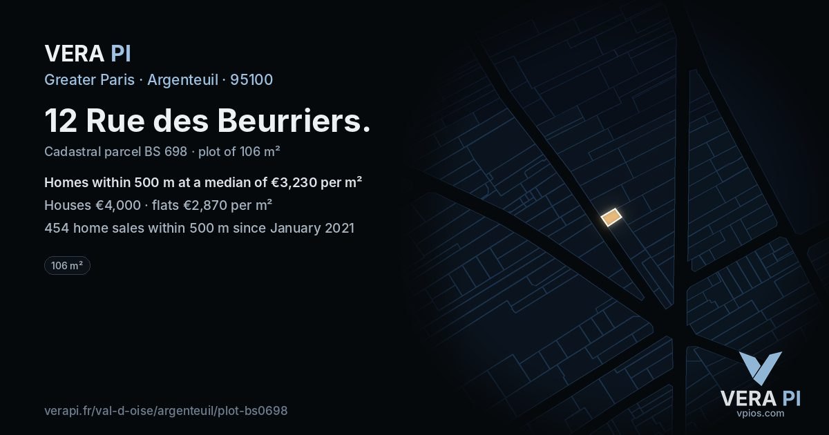 12 Rue des Beurriers, Argenteuil at night – the plot lit, the parcels around coloured by the prices near them