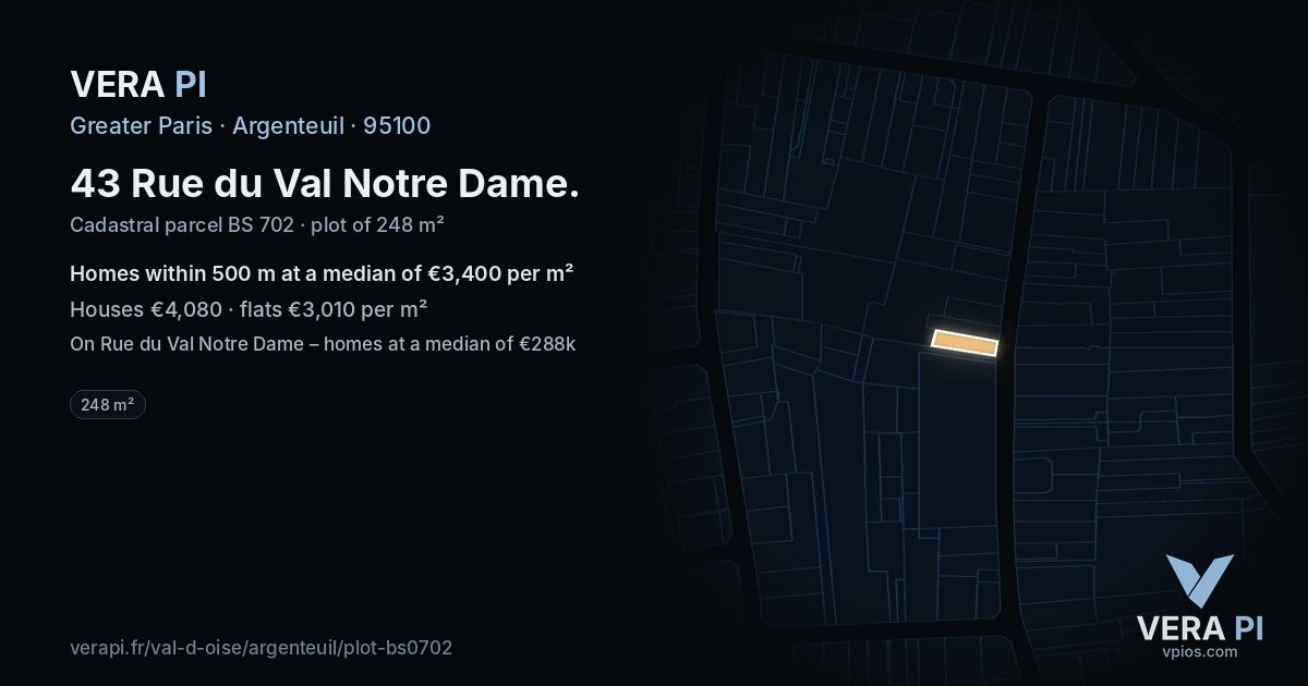43 Rue du Val Notre Dame, Argenteuil at night – the plot lit, the parcels around coloured by the prices near them