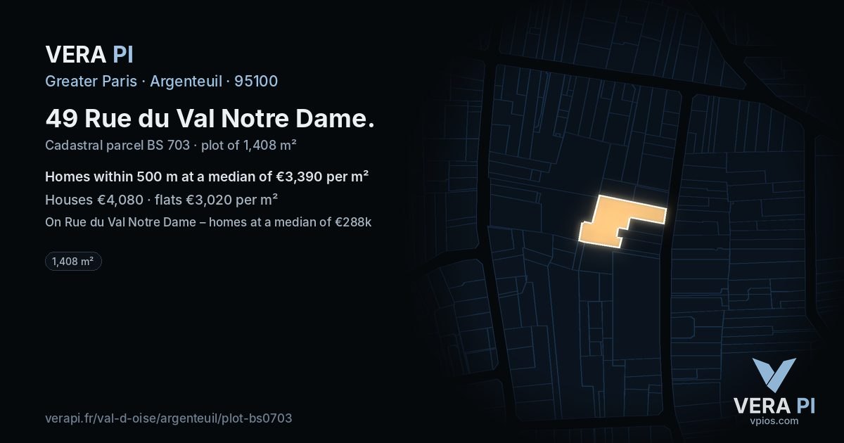 49 Rue du Val Notre Dame, Argenteuil at night – the plot lit, the parcels around coloured by the prices near them