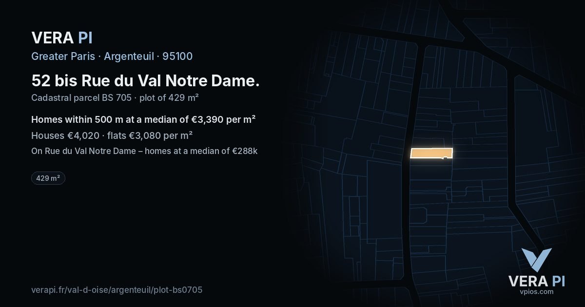 52 bis Rue du Val Notre Dame, Argenteuil at night – the plot lit, the parcels around coloured by the prices near them