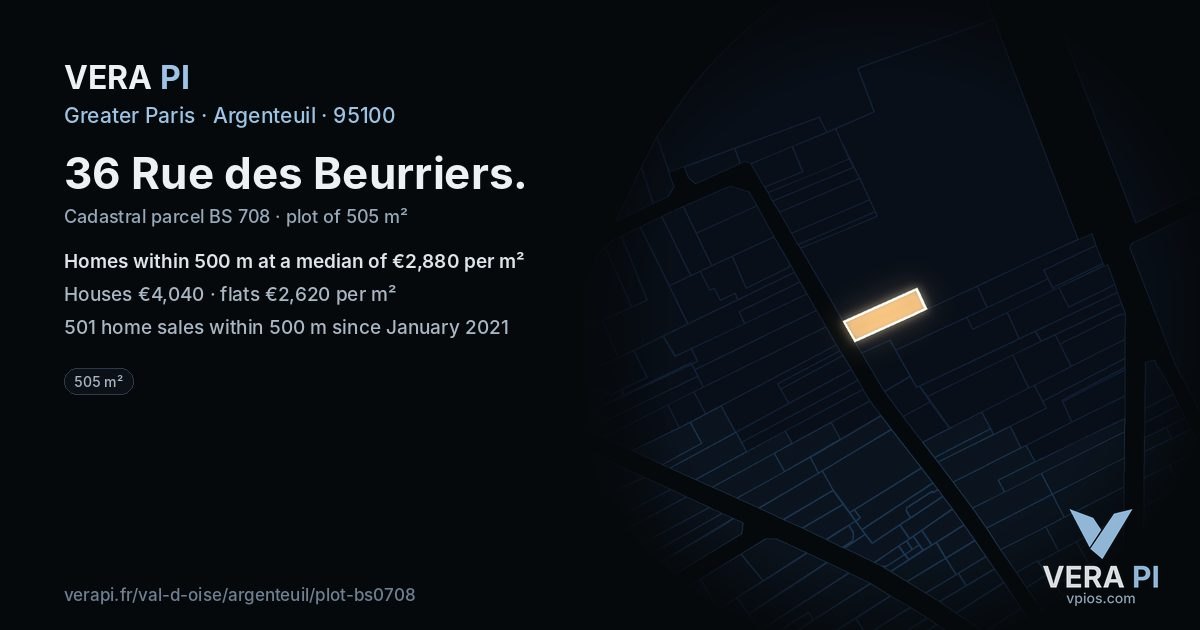 36 Rue des Beurriers, Argenteuil at night – the plot lit, the parcels around coloured by the prices near them