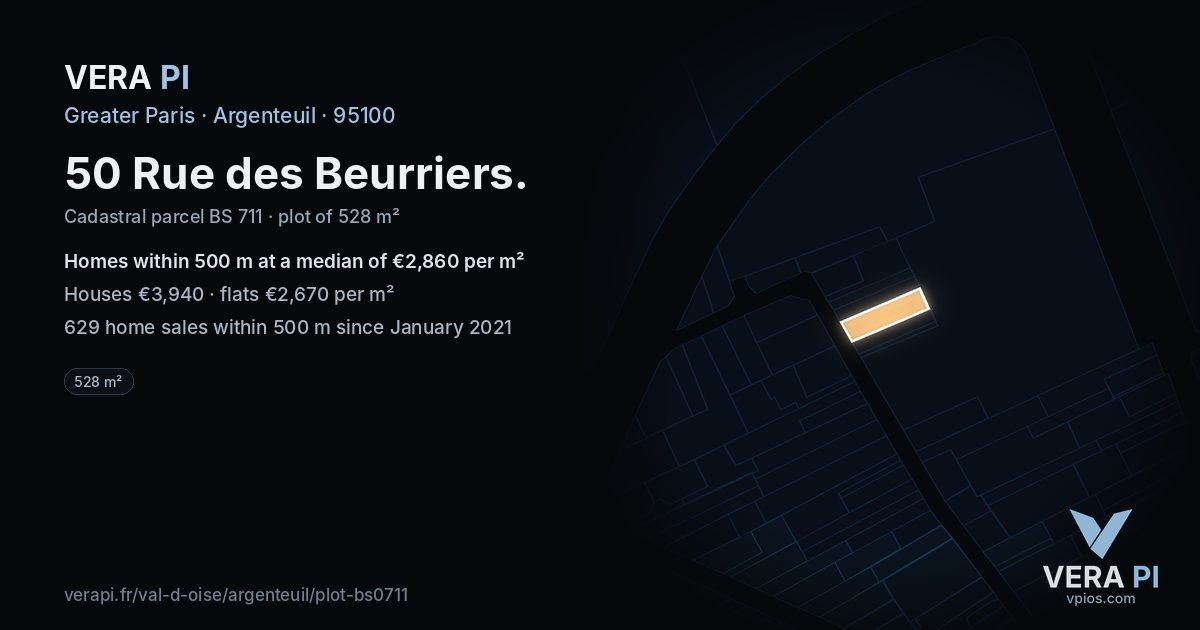 50 Rue des Beurriers, Argenteuil at night – the plot lit, the parcels around coloured by the prices near them