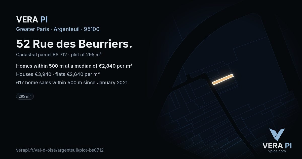 52 Rue des Beurriers, Argenteuil at night – the plot lit, the parcels around coloured by the prices near them