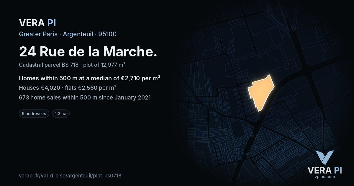 24 Rue de la Marche, Argenteuil at night – the plot lit, the parcels around coloured by the prices near them