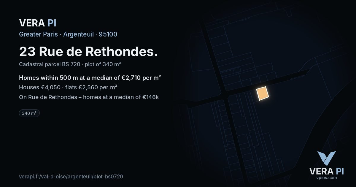 23 Rue de Rethondes, Argenteuil at night – the plot lit, the parcels around coloured by the prices near them