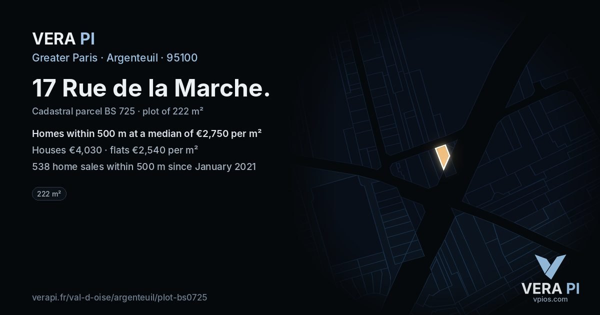17 Rue de la Marche, Argenteuil at night – the plot lit, the parcels around coloured by the prices near them
