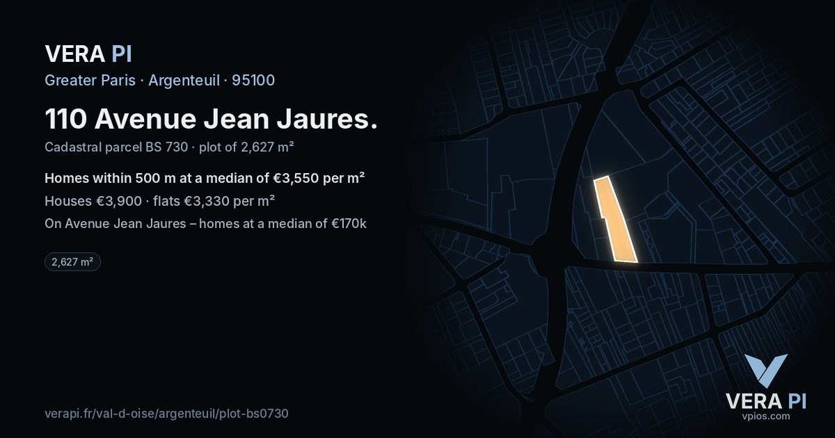 110 Avenue Jean Jaures, Argenteuil at night – the plot lit, the parcels around coloured by the prices near them