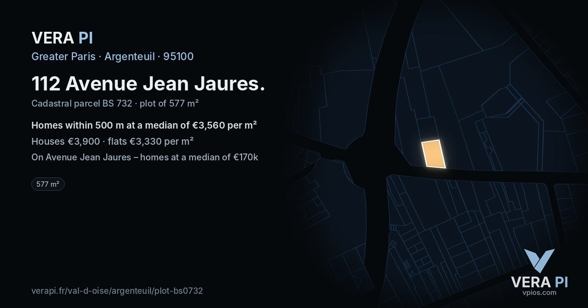 112 Avenue Jean Jaures, Argenteuil at night – the plot lit, the parcels around coloured by the prices near them