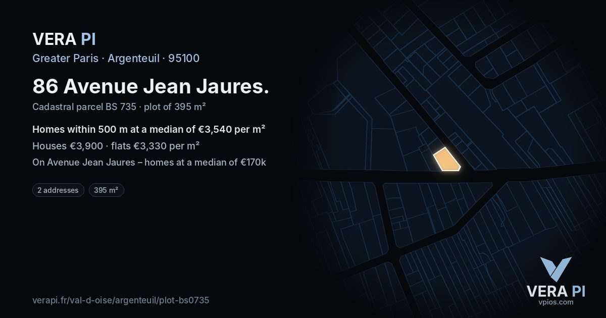 86 Avenue Jean Jaures, Argenteuil at night – the plot lit, the parcels around coloured by the prices near them