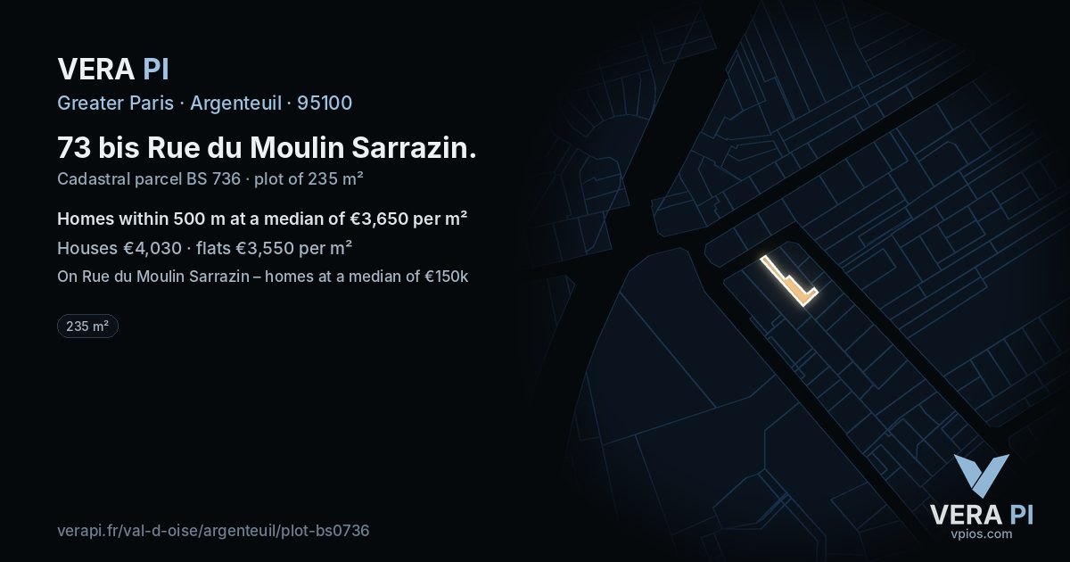 73 bis Rue du Moulin Sarrazin, Argenteuil at night – the plot lit, the parcels around coloured by the prices near them