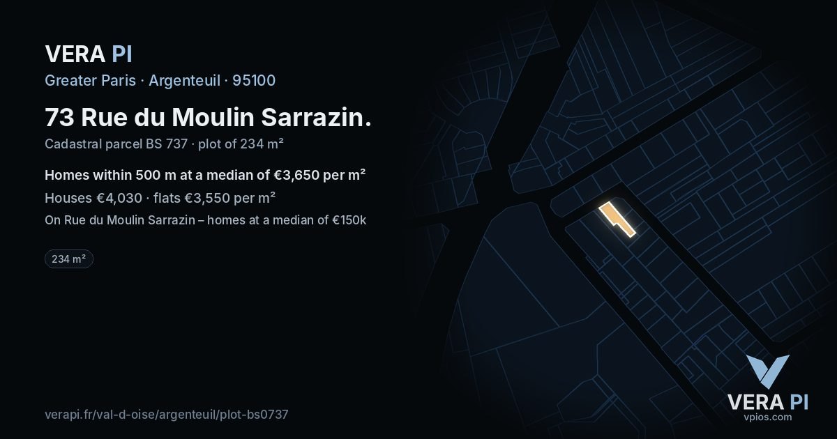 73 Rue du Moulin Sarrazin, Argenteuil at night – the plot lit, the parcels around coloured by the prices near them