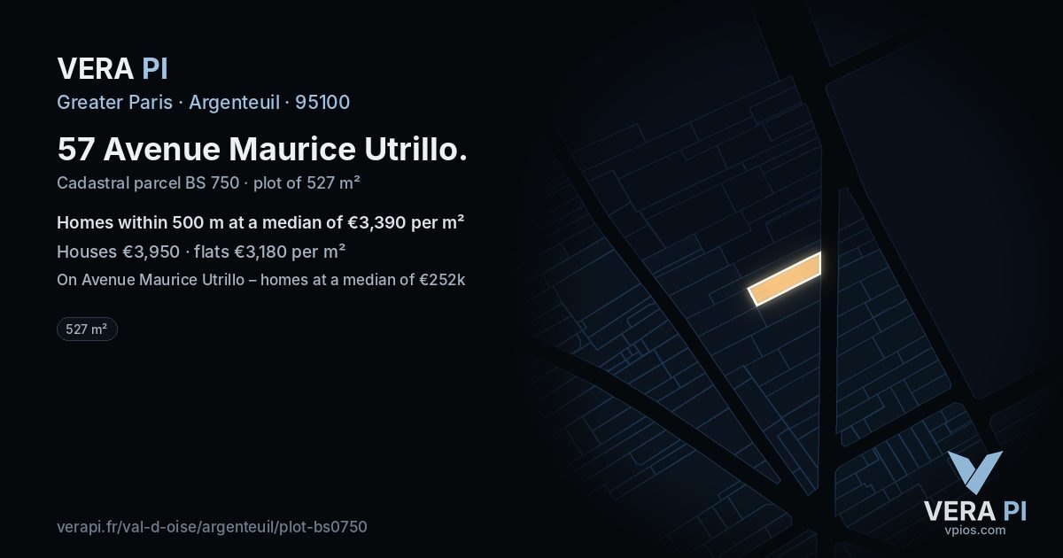57 Avenue Maurice Utrillo, Argenteuil at night – the plot lit, the parcels around coloured by the prices near them