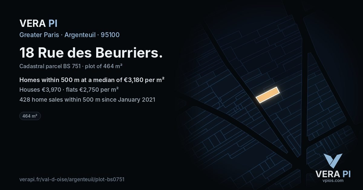 18 Rue des Beurriers, Argenteuil at night – the plot lit, the parcels around coloured by the prices near them