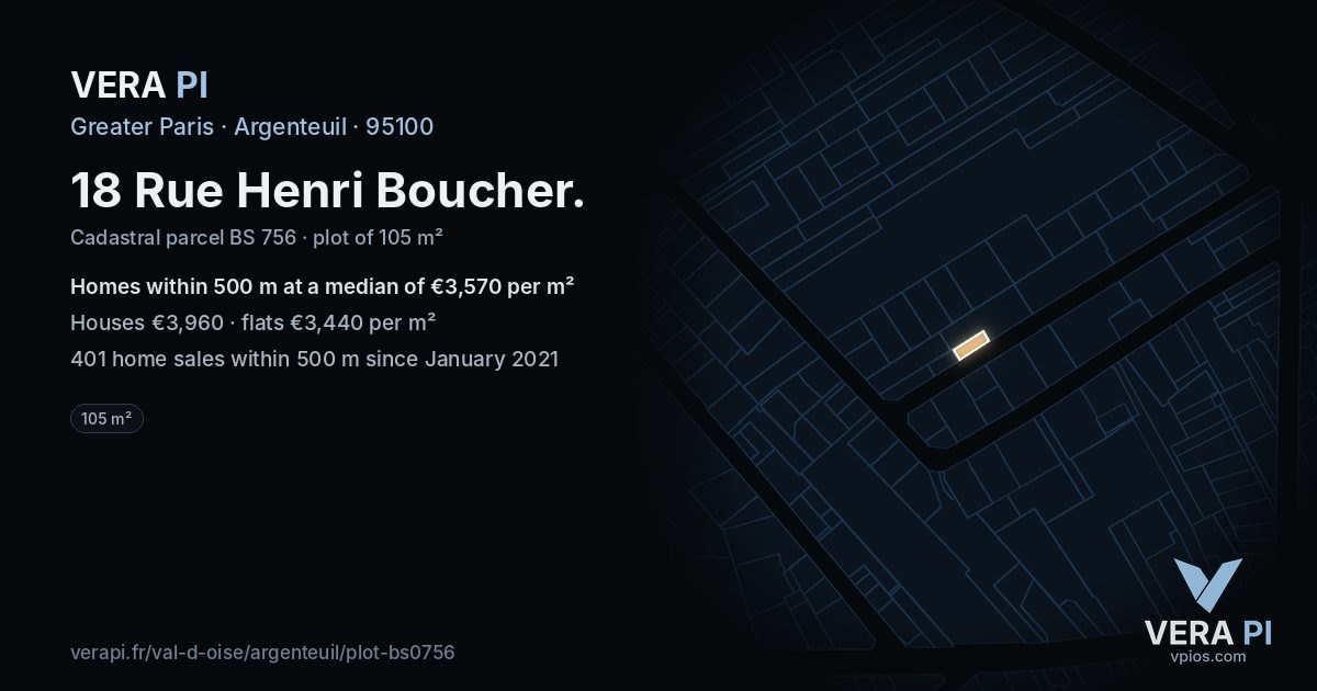 18 Rue Henri Boucher, Argenteuil at night – the plot lit, the parcels around coloured by the prices near them