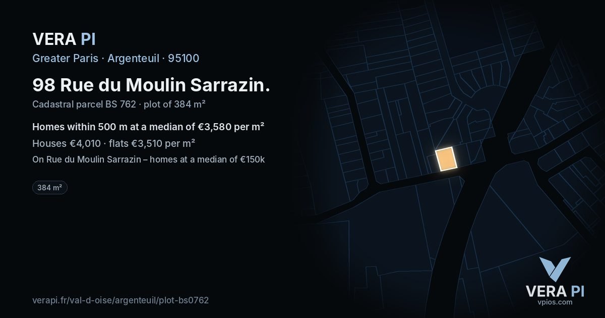 98 Rue du Moulin Sarrazin, Argenteuil at night – the plot lit, the parcels around coloured by the prices near them