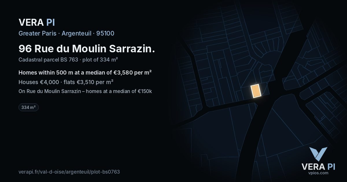 96 Rue du Moulin Sarrazin, Argenteuil at night – the plot lit, the parcels around coloured by the prices near them