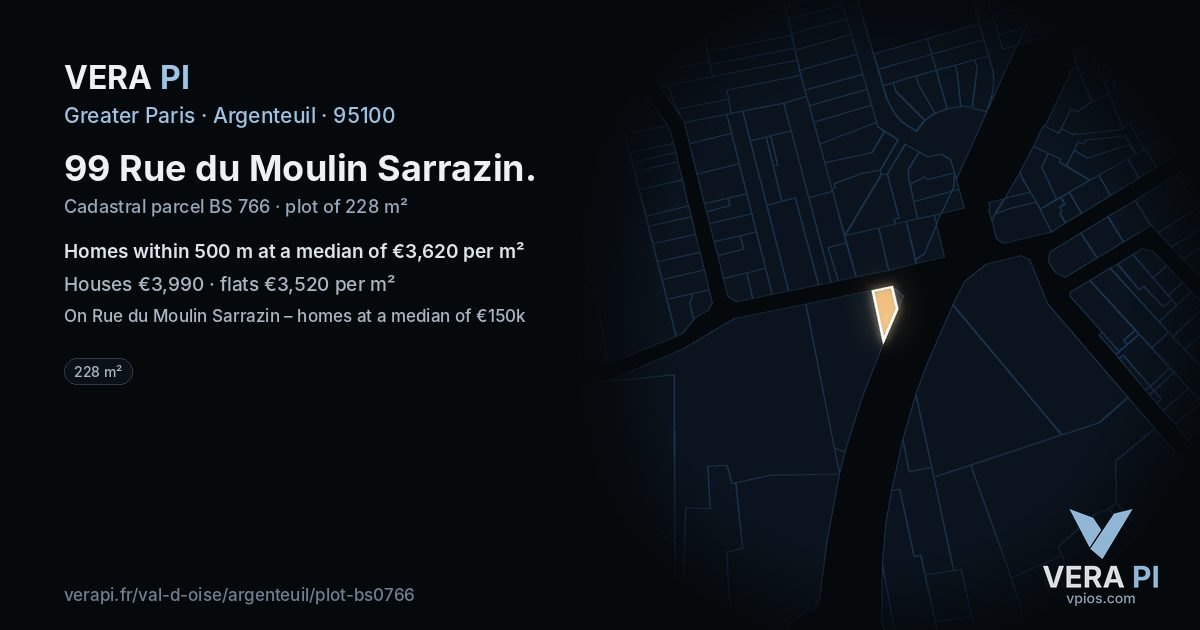 99 Rue du Moulin Sarrazin, Argenteuil at night – the plot lit, the parcels around coloured by the prices near them