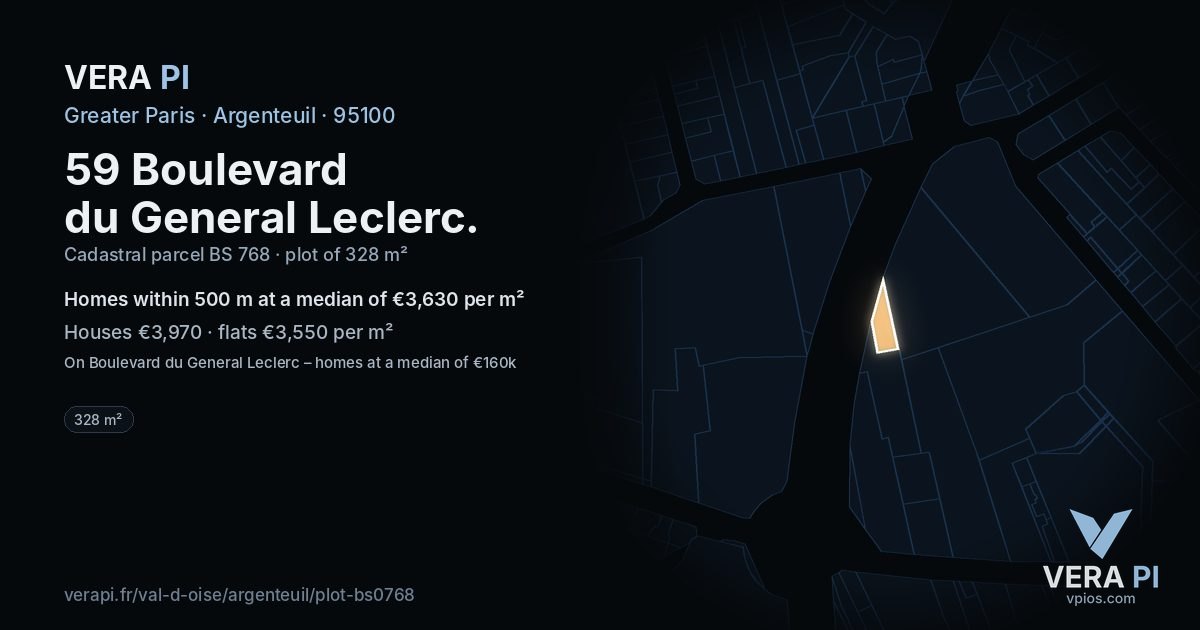 59 Boulevard du General Leclerc, Argenteuil at night – the plot lit, the parcels around coloured by the prices near them