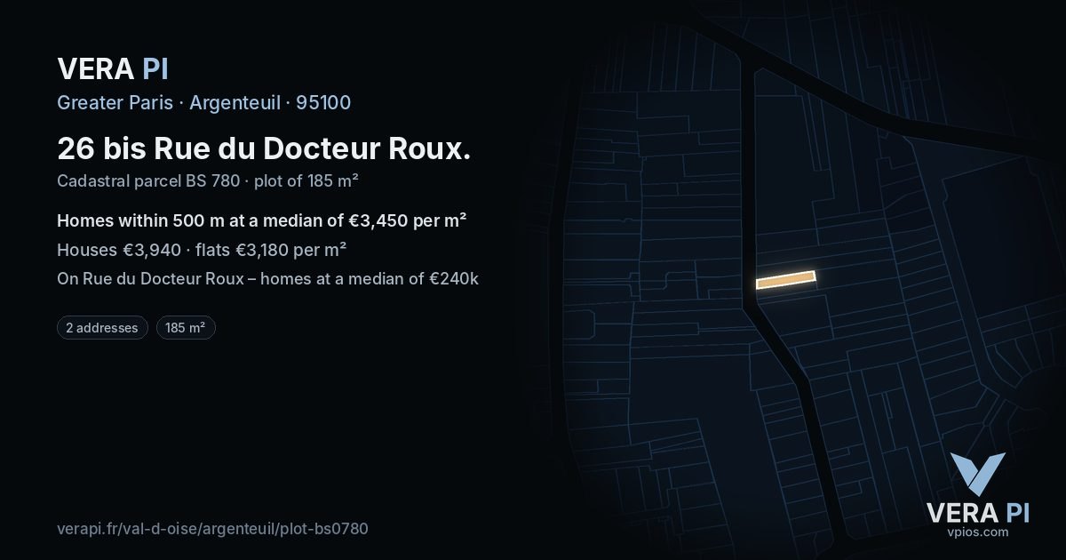 26 bis Rue du Docteur Roux, Argenteuil at night – the plot lit, the parcels around coloured by the prices near them