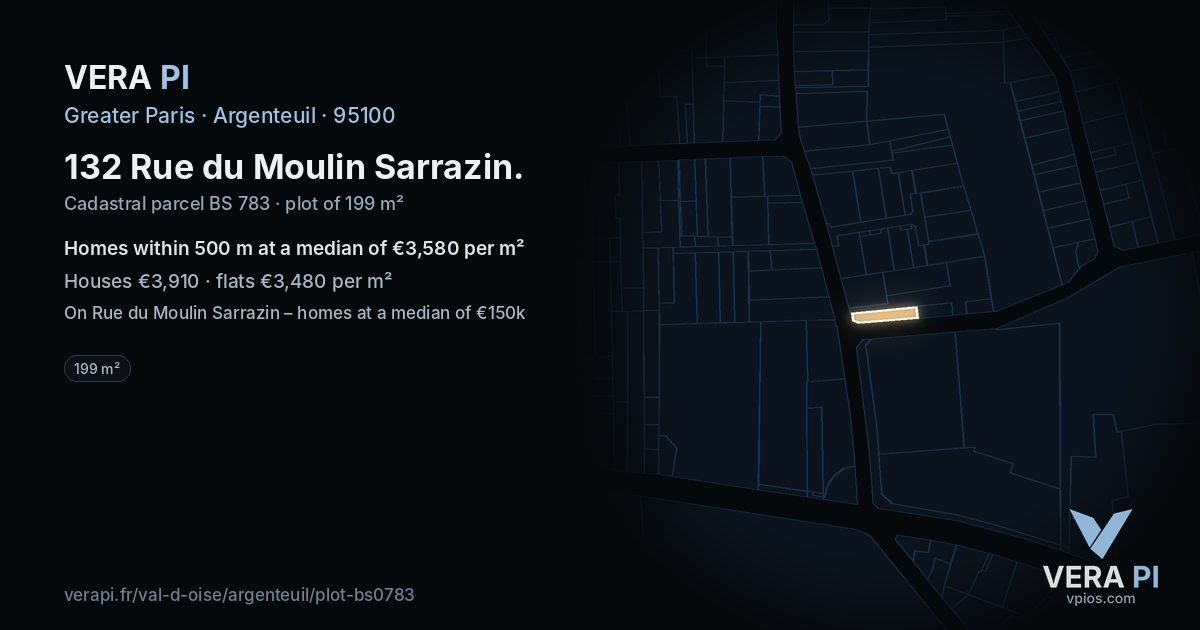 132 Rue du Moulin Sarrazin, Argenteuil at night – the plot lit, the parcels around coloured by the prices near them