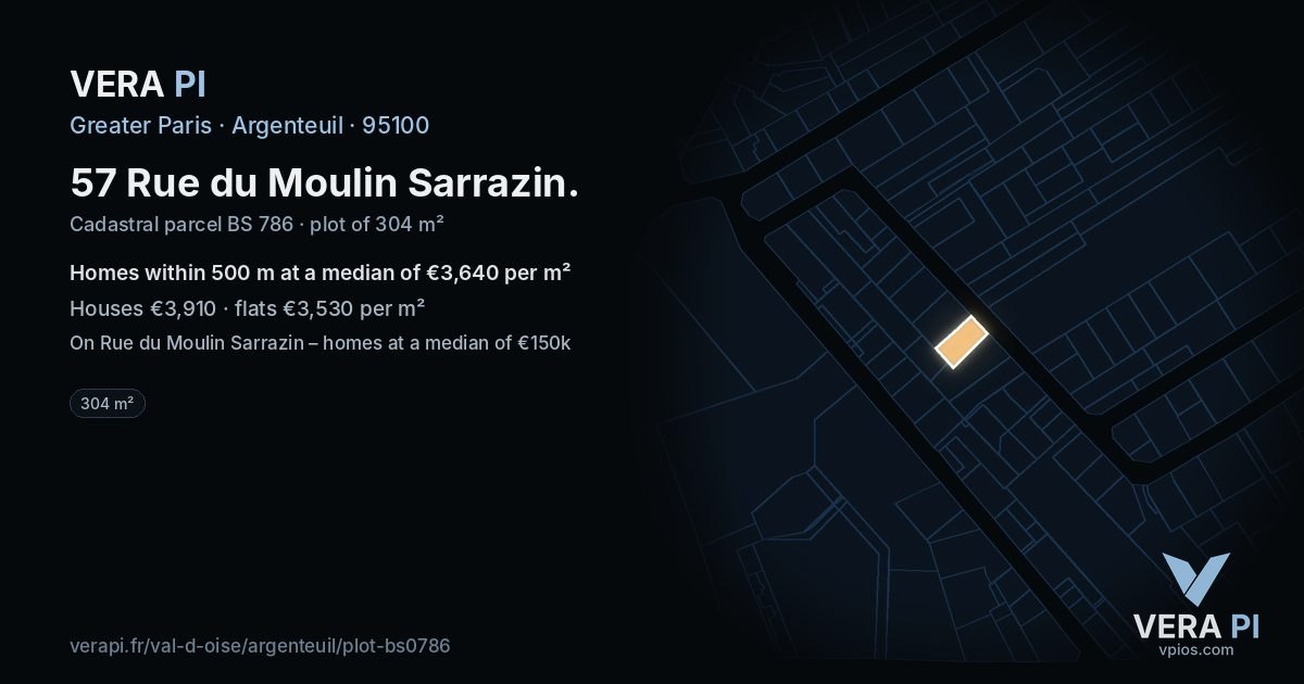 57 Rue du Moulin Sarrazin, Argenteuil at night – the plot lit, the parcels around coloured by the prices near them