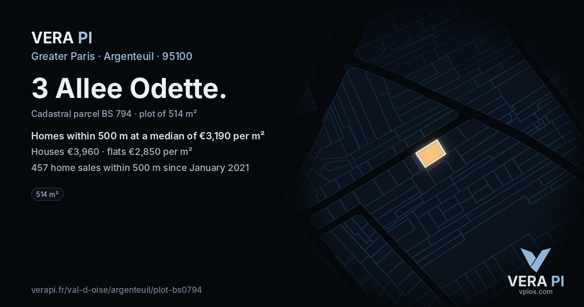 3 Allee Odette, Argenteuil at night – the plot lit, the parcels around coloured by the prices near them
