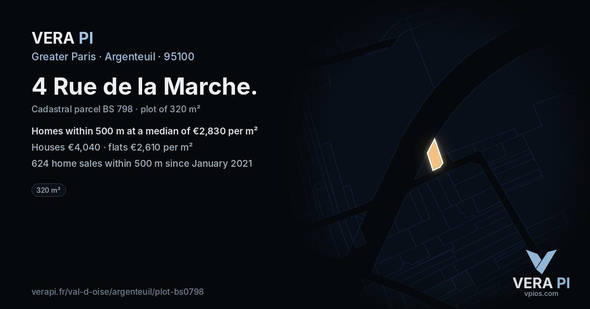 4 Rue de la Marche, Argenteuil at night – the plot lit, the parcels around coloured by the prices near them