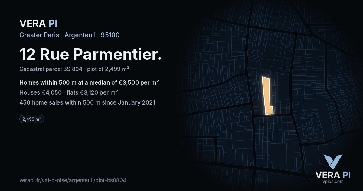 12 Rue Parmentier, Argenteuil at night – the plot lit, the parcels around coloured by the prices near them
