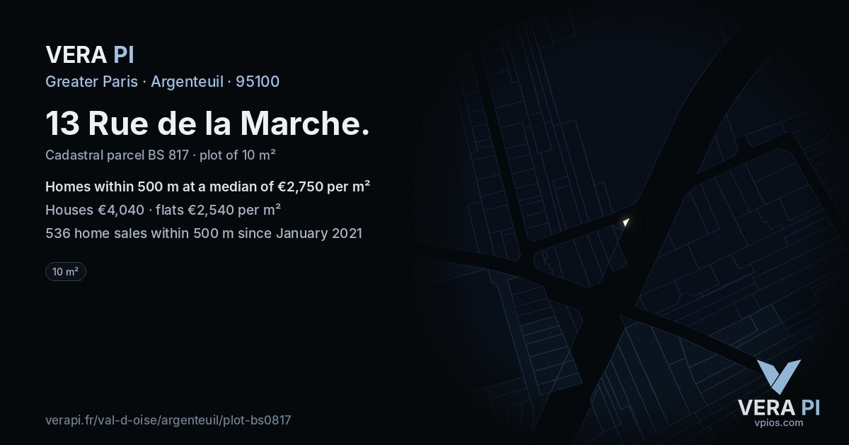 13 Rue de la Marche, Argenteuil at night – the plot lit, the parcels around coloured by the prices near them