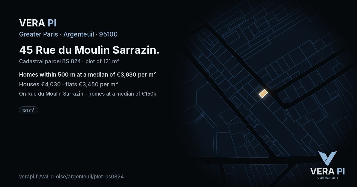 45 Rue du Moulin Sarrazin, Argenteuil at night – the plot lit, the parcels around coloured by the prices near them