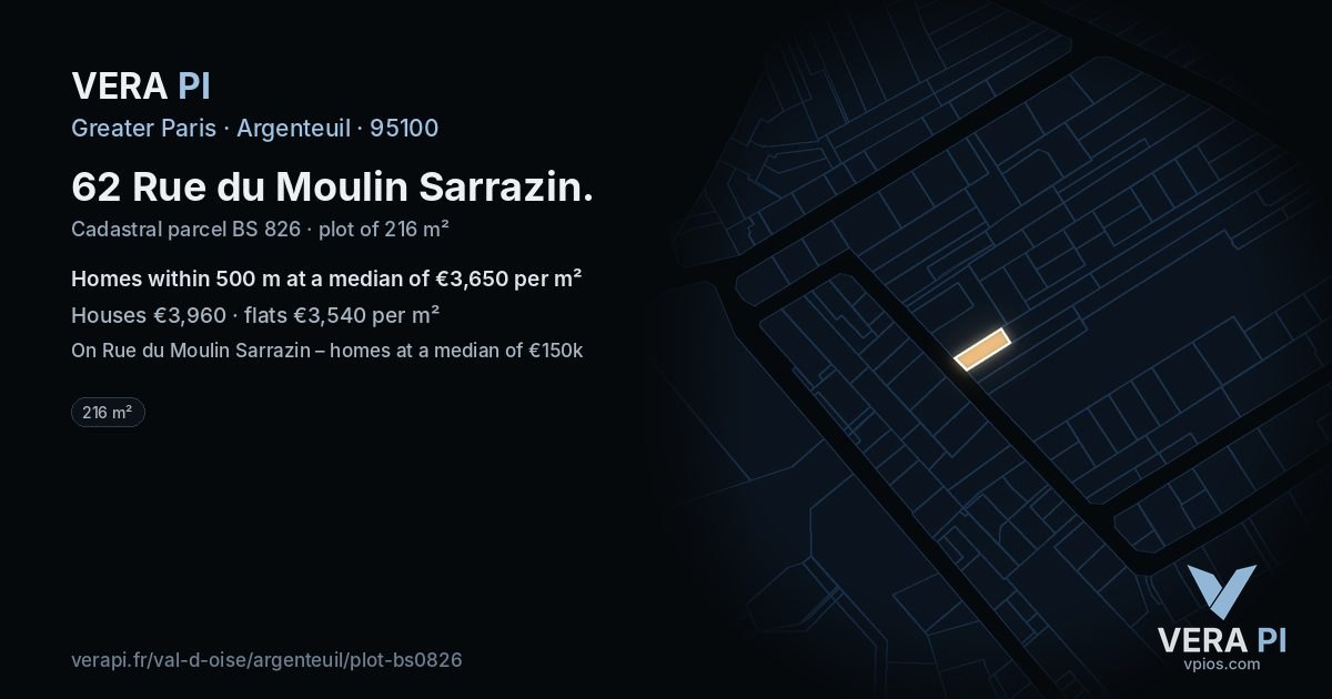 62 Rue du Moulin Sarrazin, Argenteuil at night – the plot lit, the parcels around coloured by the prices near them