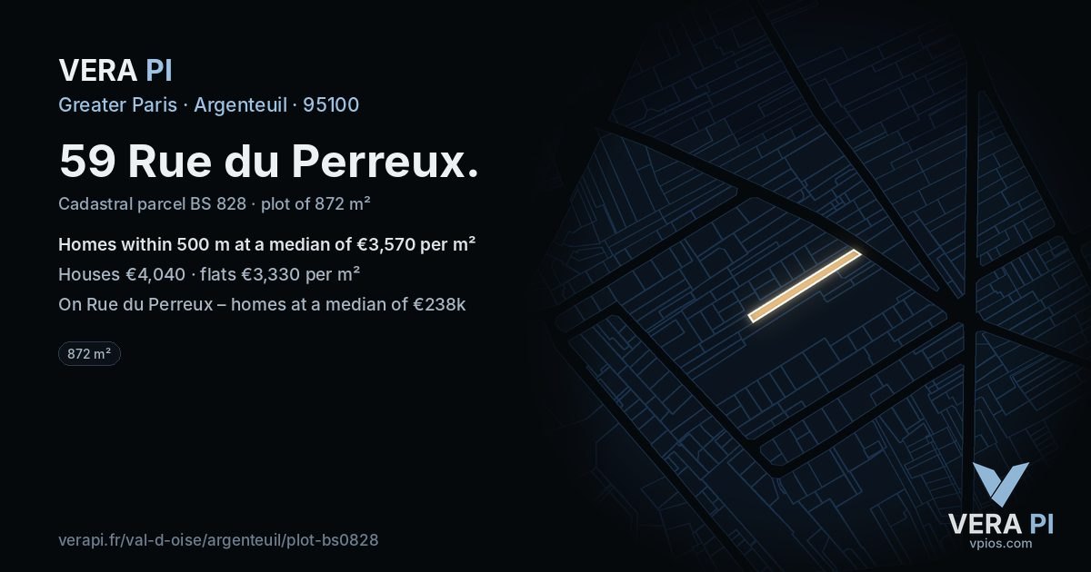 59 Rue du Perreux, Argenteuil at night – the plot lit, the parcels around coloured by the prices near them
