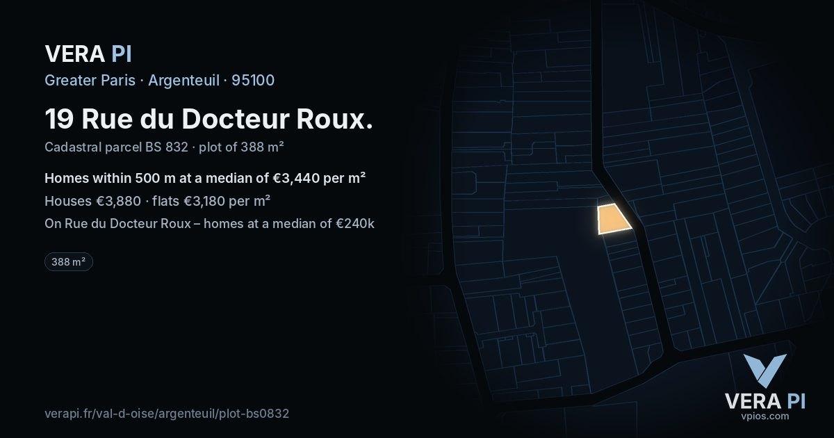 19 Rue du Docteur Roux, Argenteuil at night – the plot lit, the parcels around coloured by the prices near them