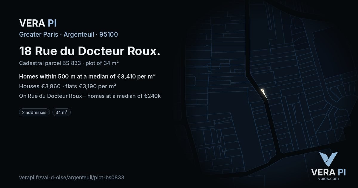 18 Rue du Docteur Roux, Argenteuil at night – the plot lit, the parcels around coloured by the prices near them