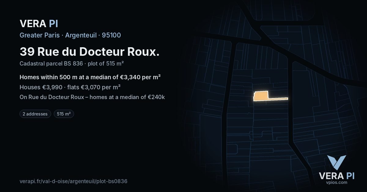 39 Rue du Docteur Roux, Argenteuil at night – the plot lit, the parcels around coloured by the prices near them