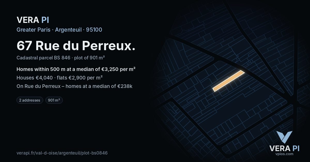 67 Rue du Perreux, Argenteuil at night – the plot lit, the parcels around coloured by the prices near them