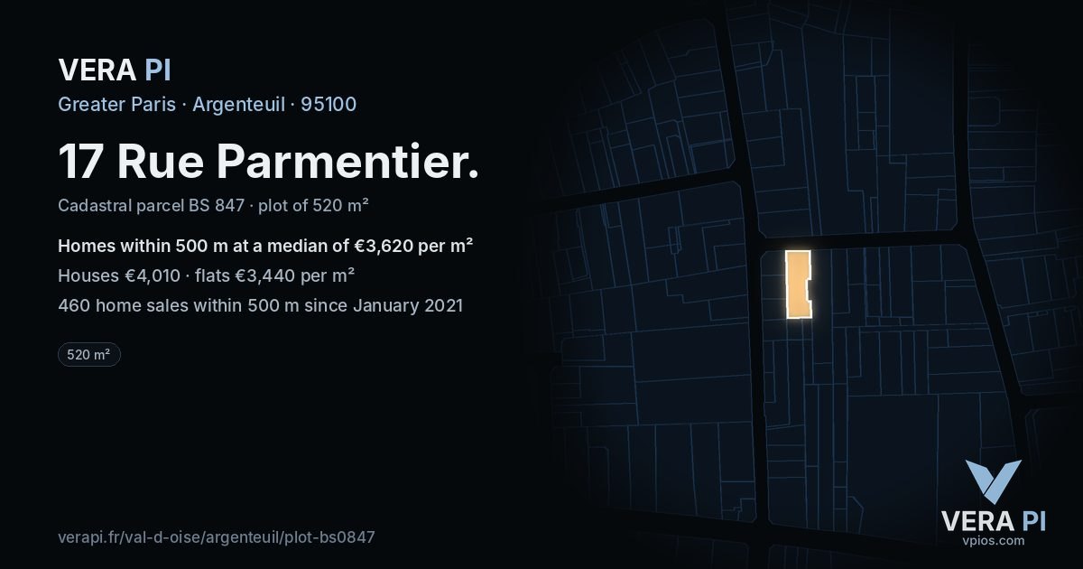17 Rue Parmentier, Argenteuil at night – the plot lit, the parcels around coloured by the prices near them