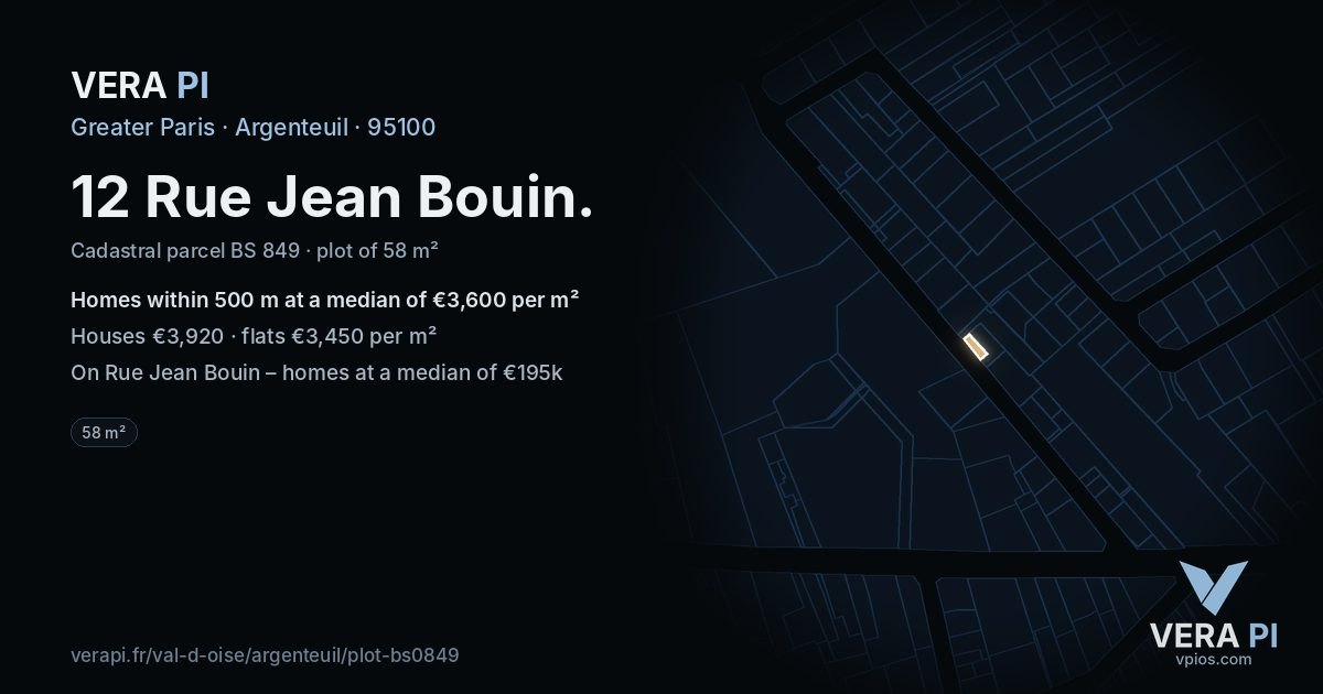 12 Rue Jean Bouin, Argenteuil at night – the plot lit, the parcels around coloured by the prices near them