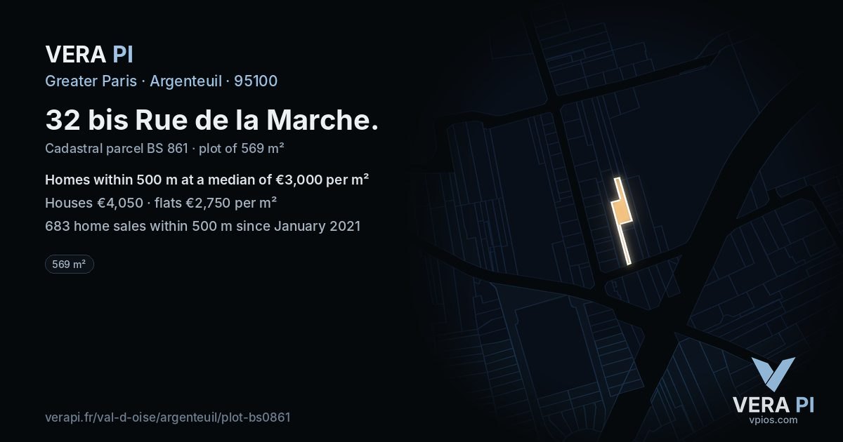 32 bis Rue de la Marche, Argenteuil at night – the plot lit, the parcels around coloured by the prices near them