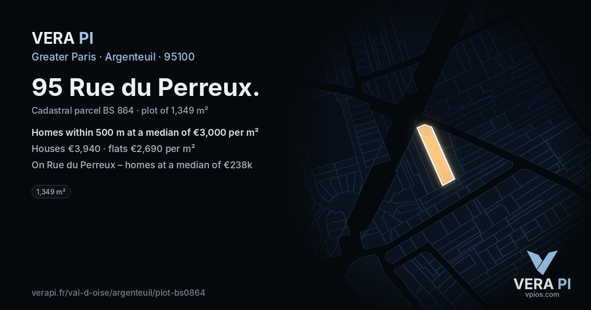 95 Rue du Perreux, Argenteuil at night – the plot lit, the parcels around coloured by the prices near them