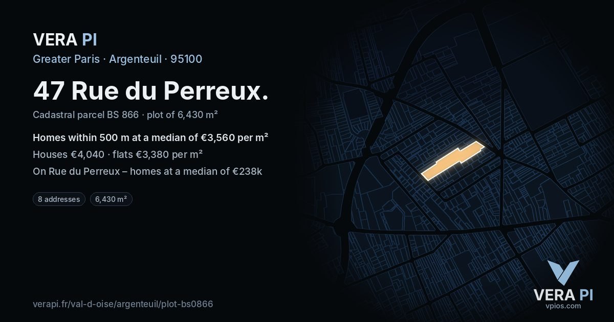 47 Rue du Perreux, Argenteuil at night – the plot lit, the parcels around coloured by the prices near them
