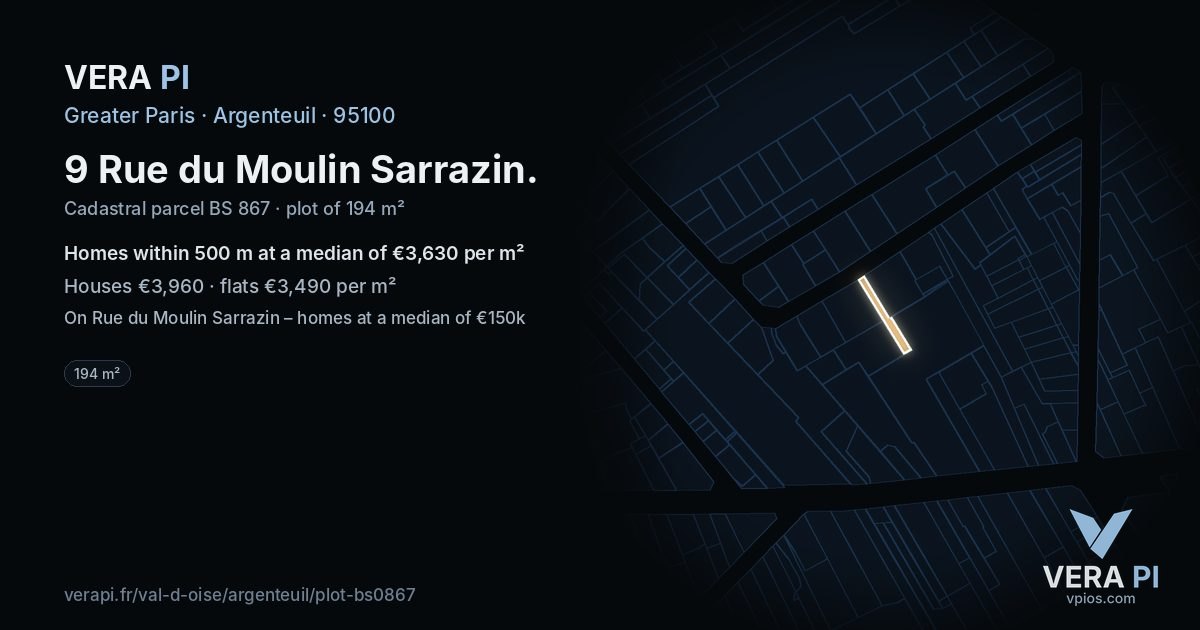 9 Rue du Moulin Sarrazin, Argenteuil at night – the plot lit, the parcels around coloured by the prices near them