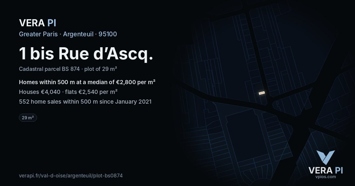 1 bis Rue d’Ascq, Argenteuil at night – the plot lit, the parcels around coloured by the prices near them