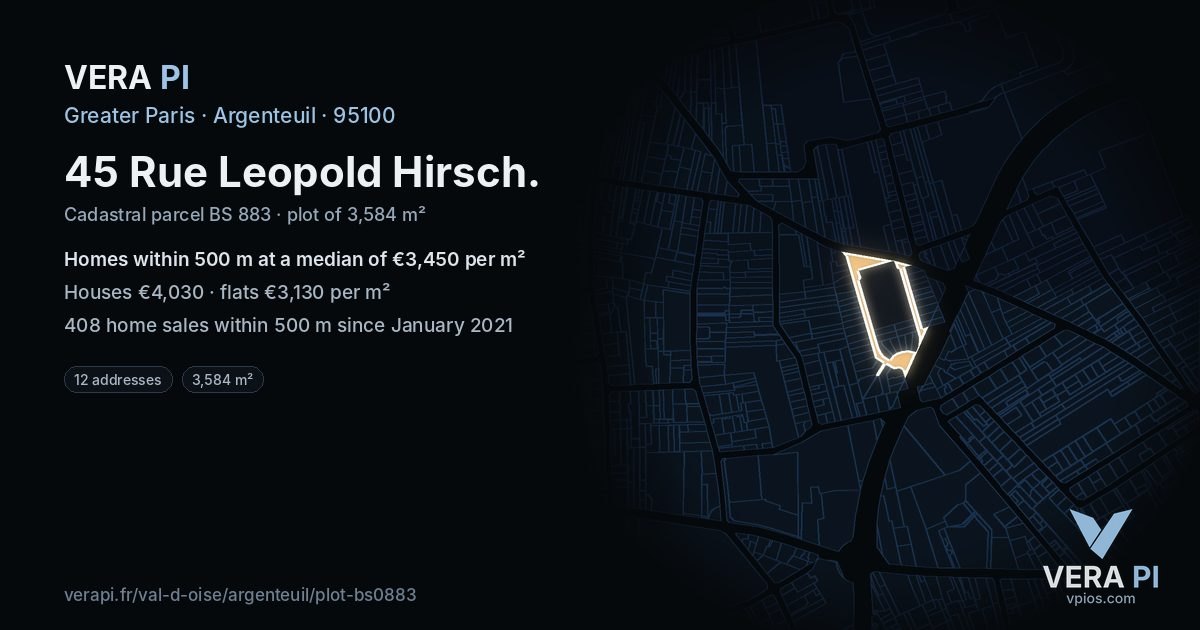 45 Rue Leopold Hirsch, Argenteuil at night – the plot lit, the parcels around coloured by the prices near them