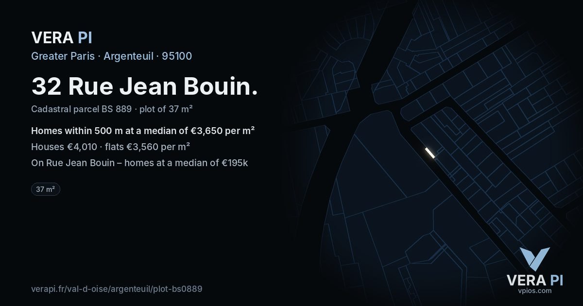 32 Rue Jean Bouin, Argenteuil at night – the plot lit, the parcels around coloured by the prices near them